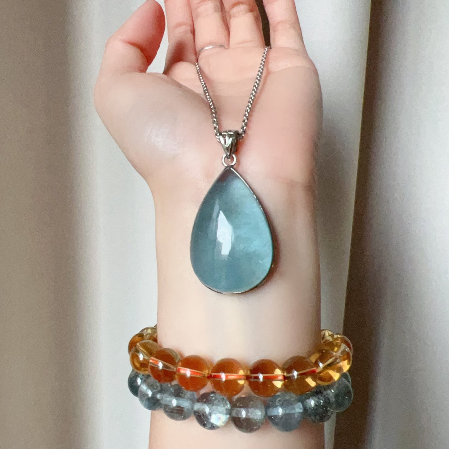 Aquamarine Pendant Necklace – Natural Water-Drop Shape Throat Chakra Healing Crystal In 925 Sterling Silver