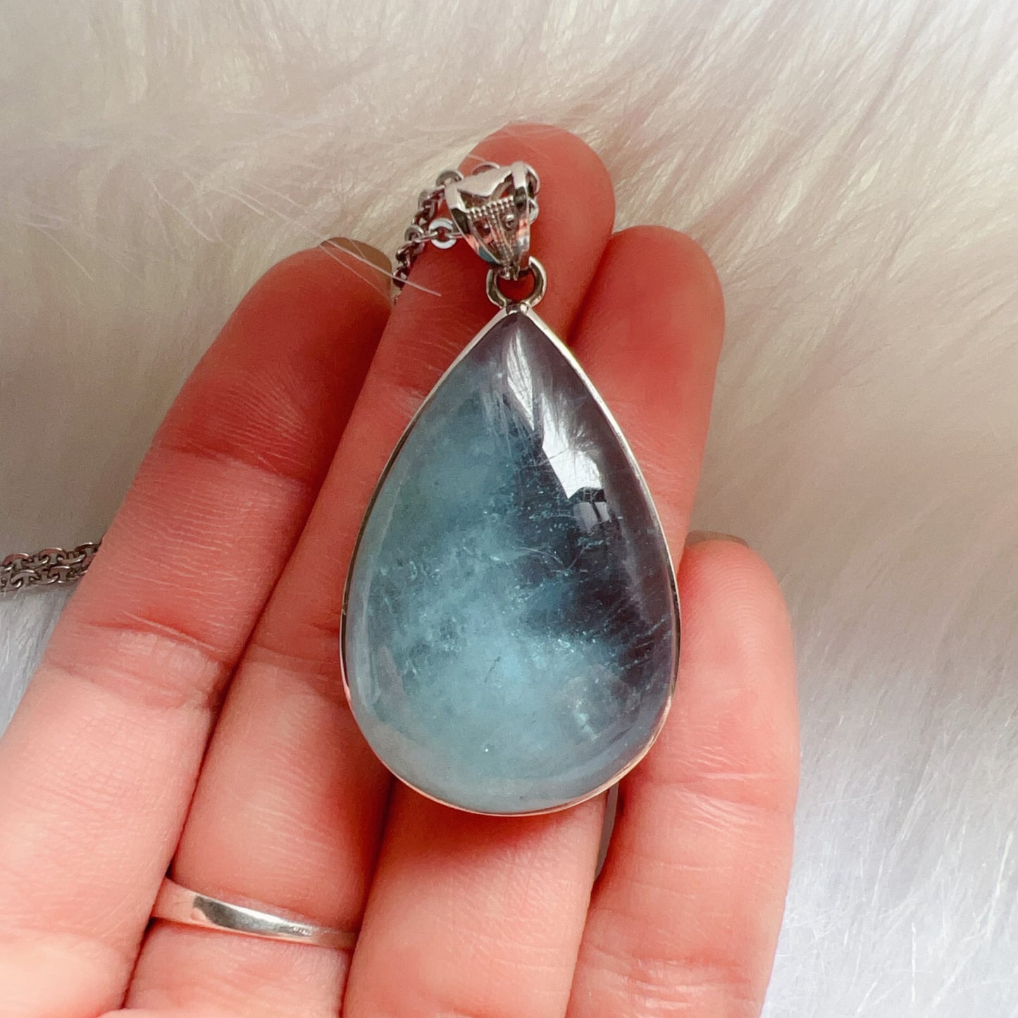 Aquamarine Pendant Necklace – Natural Water-Drop Shape Throat Chakra Healing Crystal In 925 Sterling Silver