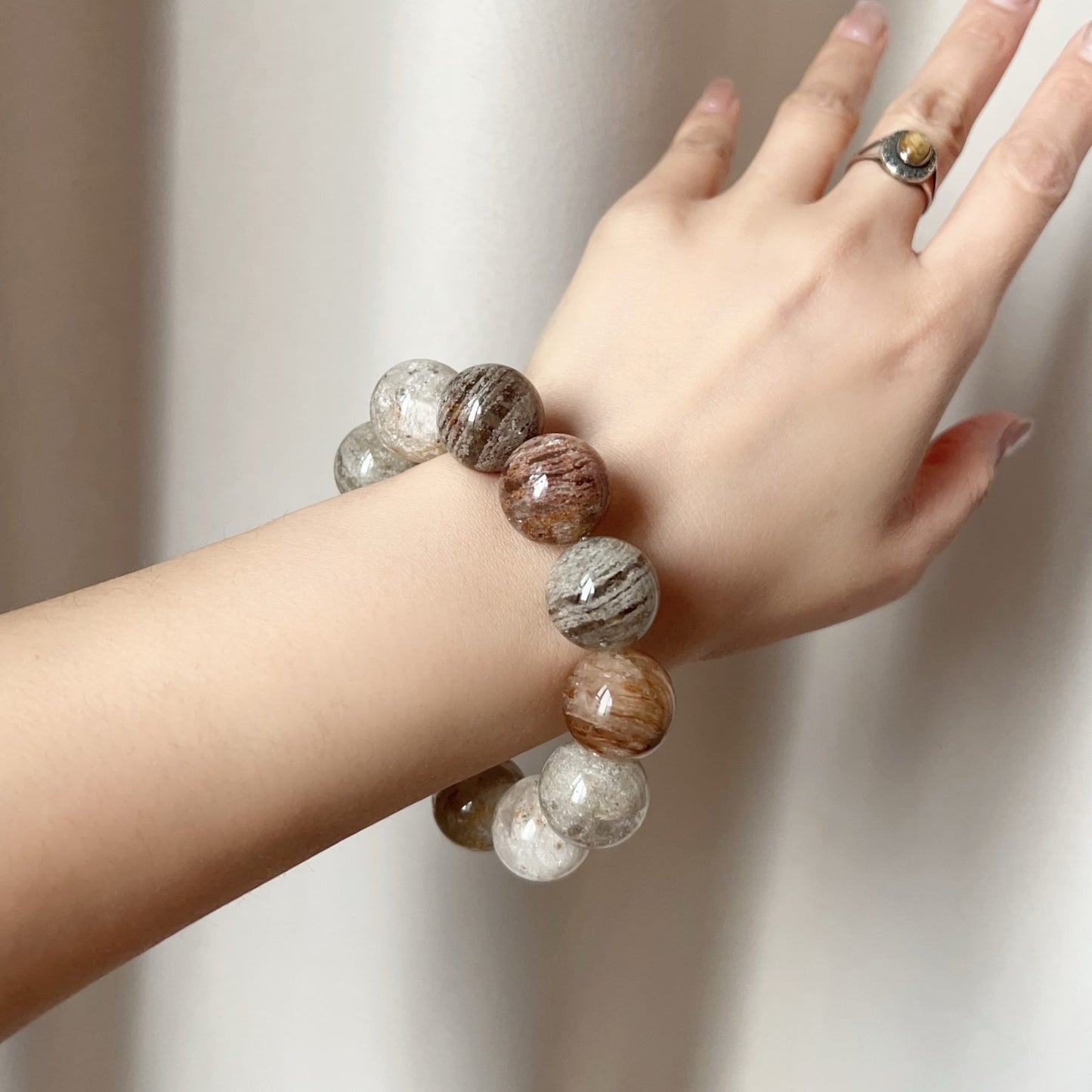 Rare Large 18Mm Assorted Layers Phantom Quartz Bracelet For Life Balance, Harmony