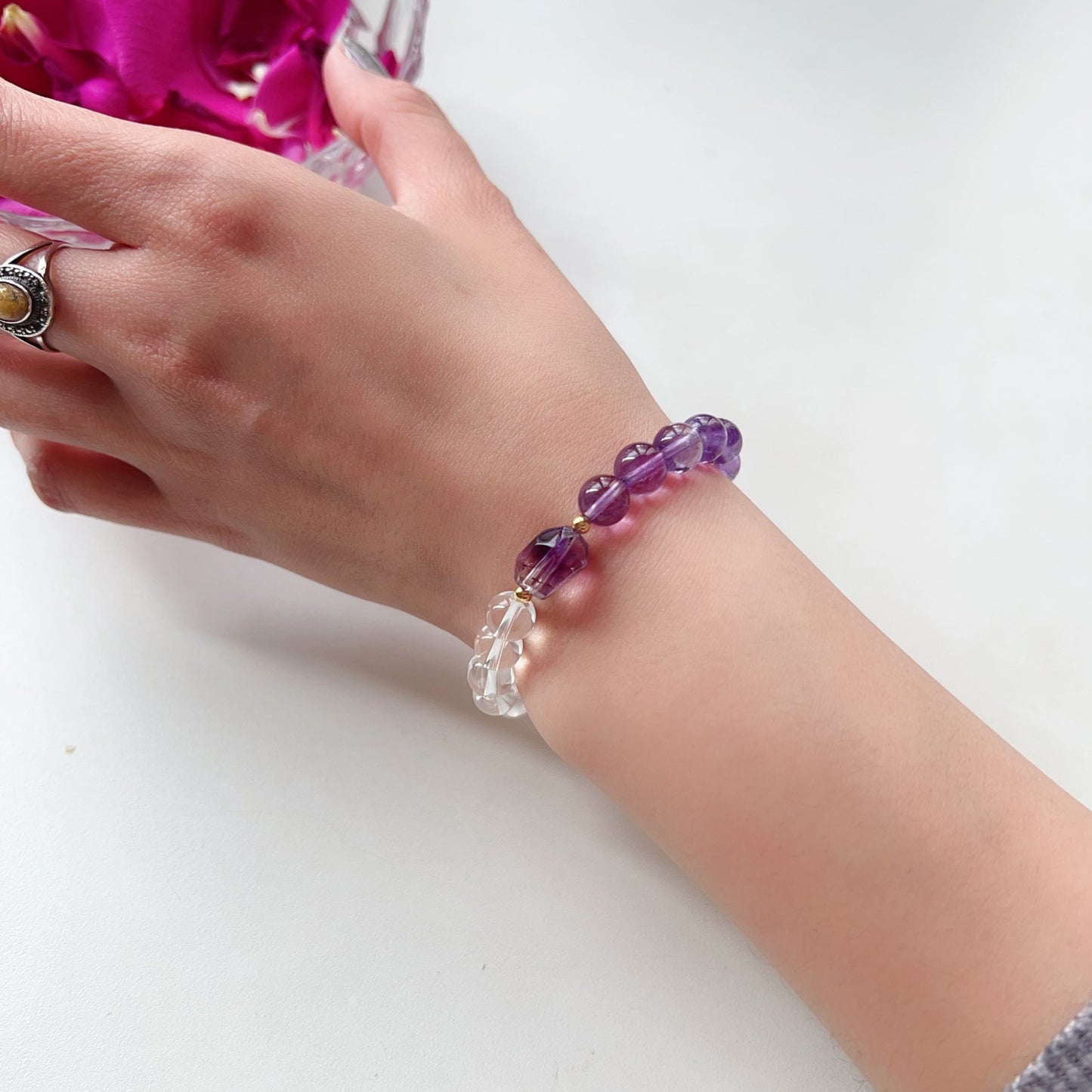 18K Yellow Gold Super Seven Amethyst Clear Quartz Bracelet – Custom-Made Spiritual Healing Jewelry