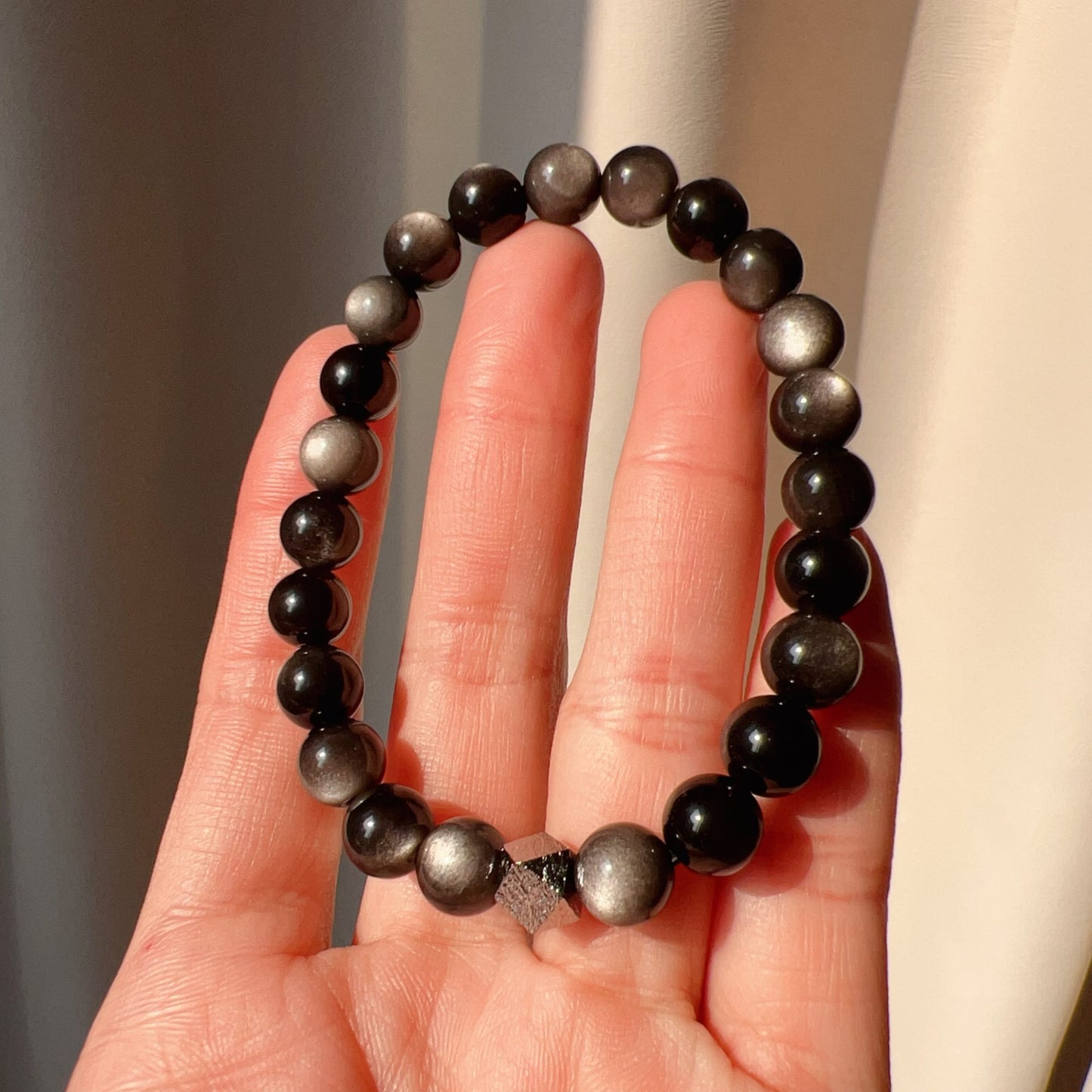 Natural Altai Tektite Octagonal Balancing Cosmic Energy: Handcrafted Silver Sheen Obsidian Bracelet For Mindfulness & Protection