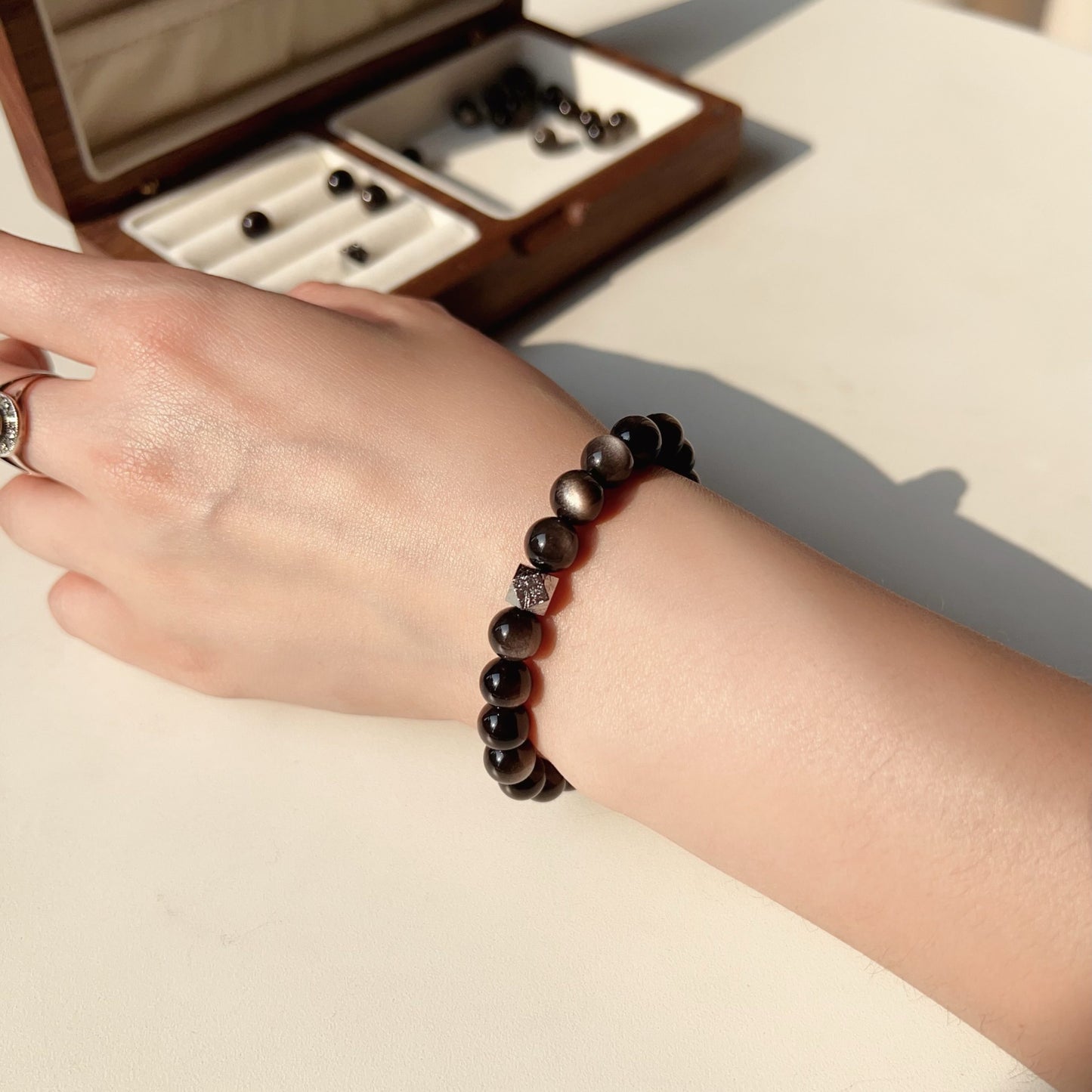 Natural Altai Tektite Octagonal Balancing Cosmic Energy: Handcrafted Silver Sheen Obsidian Bracelet For Mindfulness & Protection