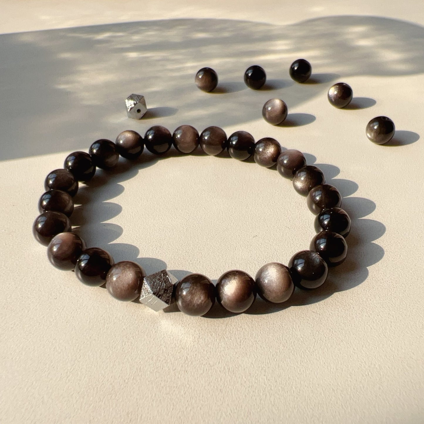 Natural Altai Tektite Octagonal Balancing Cosmic Energy: Handcrafted Silver Sheen Obsidian Bracelet For Mindfulness & Protection