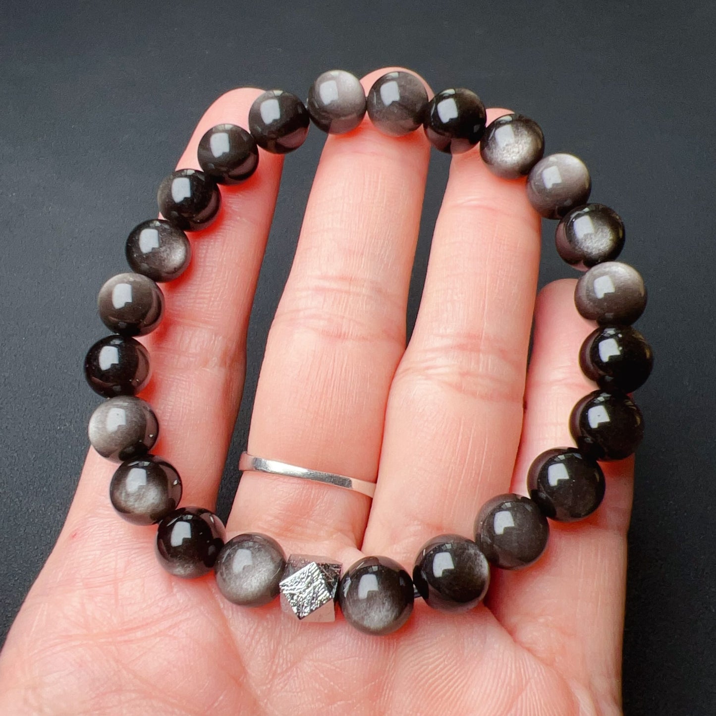 Natural Altai Tektite Octagonal Balancing Cosmic Energy: Handcrafted Silver Sheen Obsidian Bracelet For Mindfulness & Protection