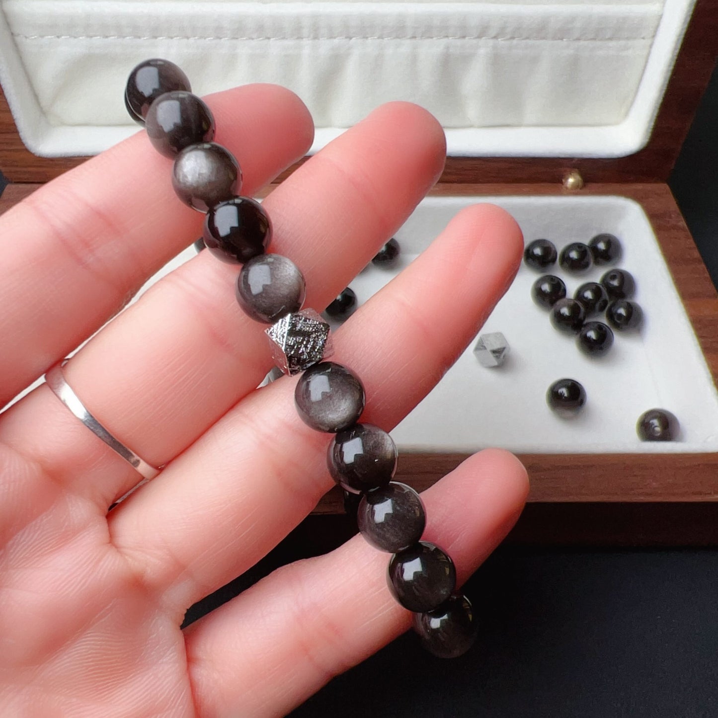 Natural Altai Tektite Octagonal Balancing Cosmic Energy: Handcrafted Silver Sheen Obsidian Bracelet For Mindfulness & Protection