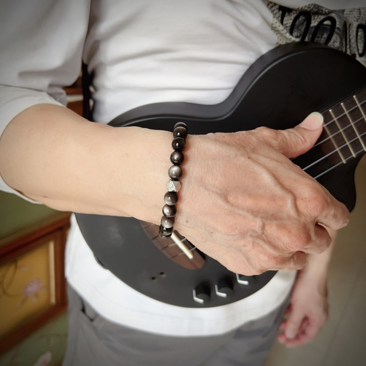 Natural Altai Tektite Octagonal Balancing Cosmic Energy: Handcrafted Silver Sheen Obsidian Bracelet For Mindfulness & Protection
