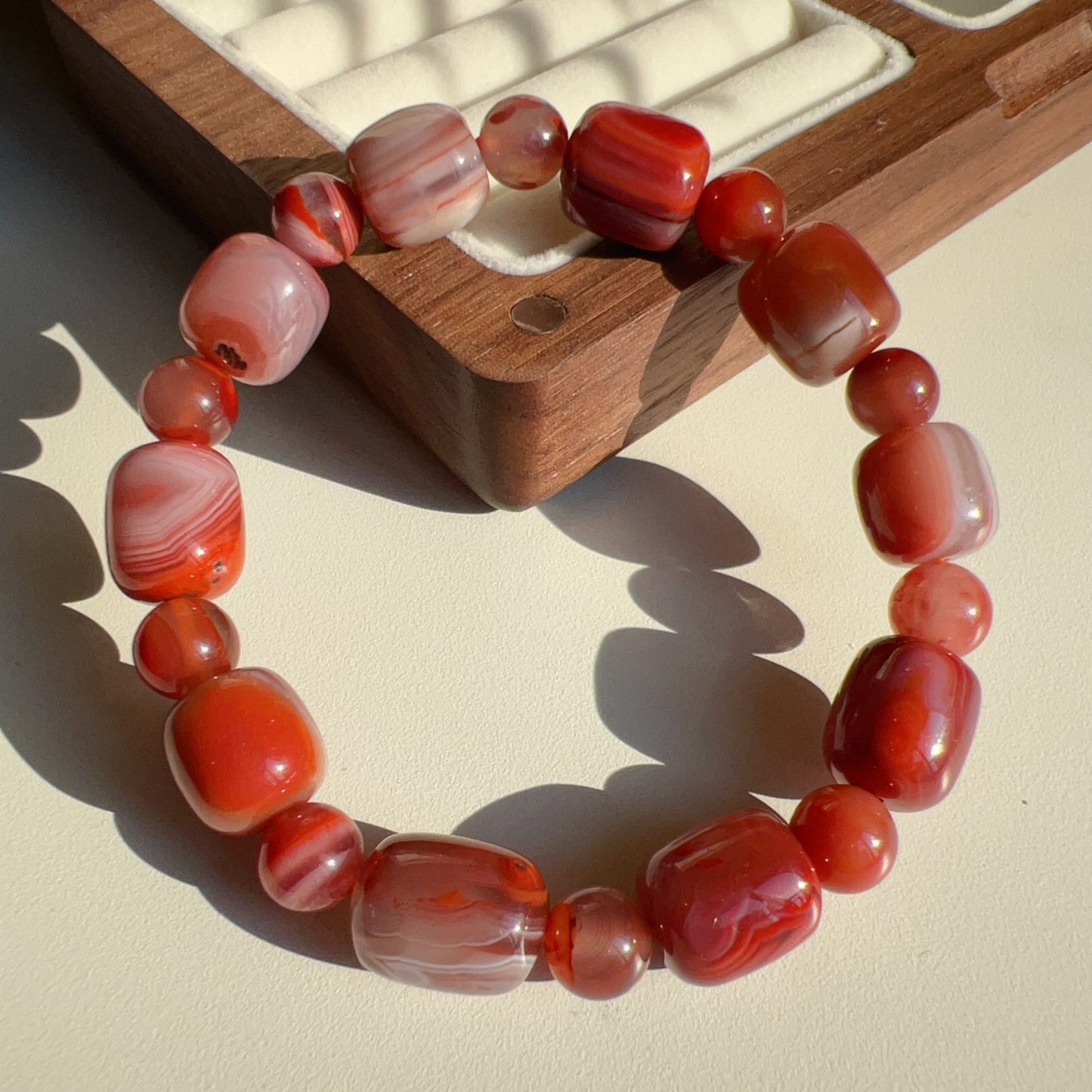 Natural Nanhong Agate Barrel Beads Bracelet | Stone Of Strength | Root Chakra Healing Stone Jewelry