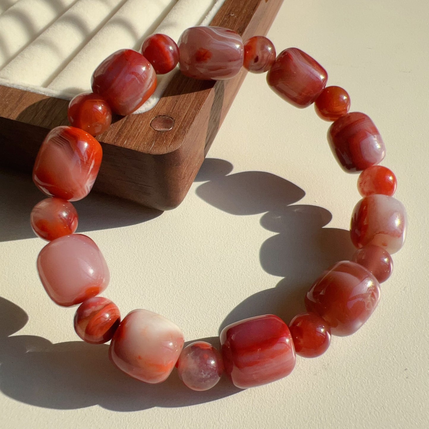Natural Nanhong Agate Barrel Beads Bracelet | Stone Of Strength | Root Chakra Healing Stone Jewelry