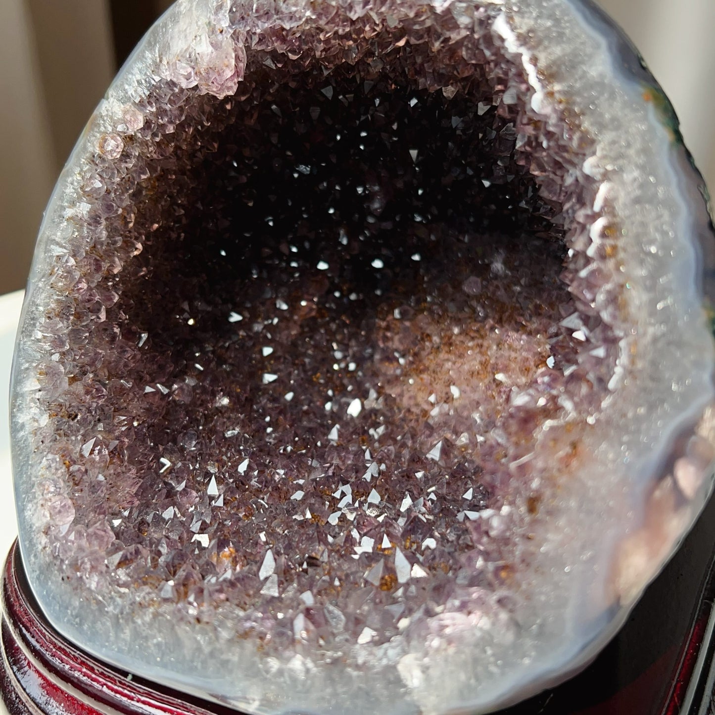 Rare Brazilian Amethyst Rutilated Quartz Geode – 1.75Kg, Includes Wooden Stand, Collectible Gemstone Specimen