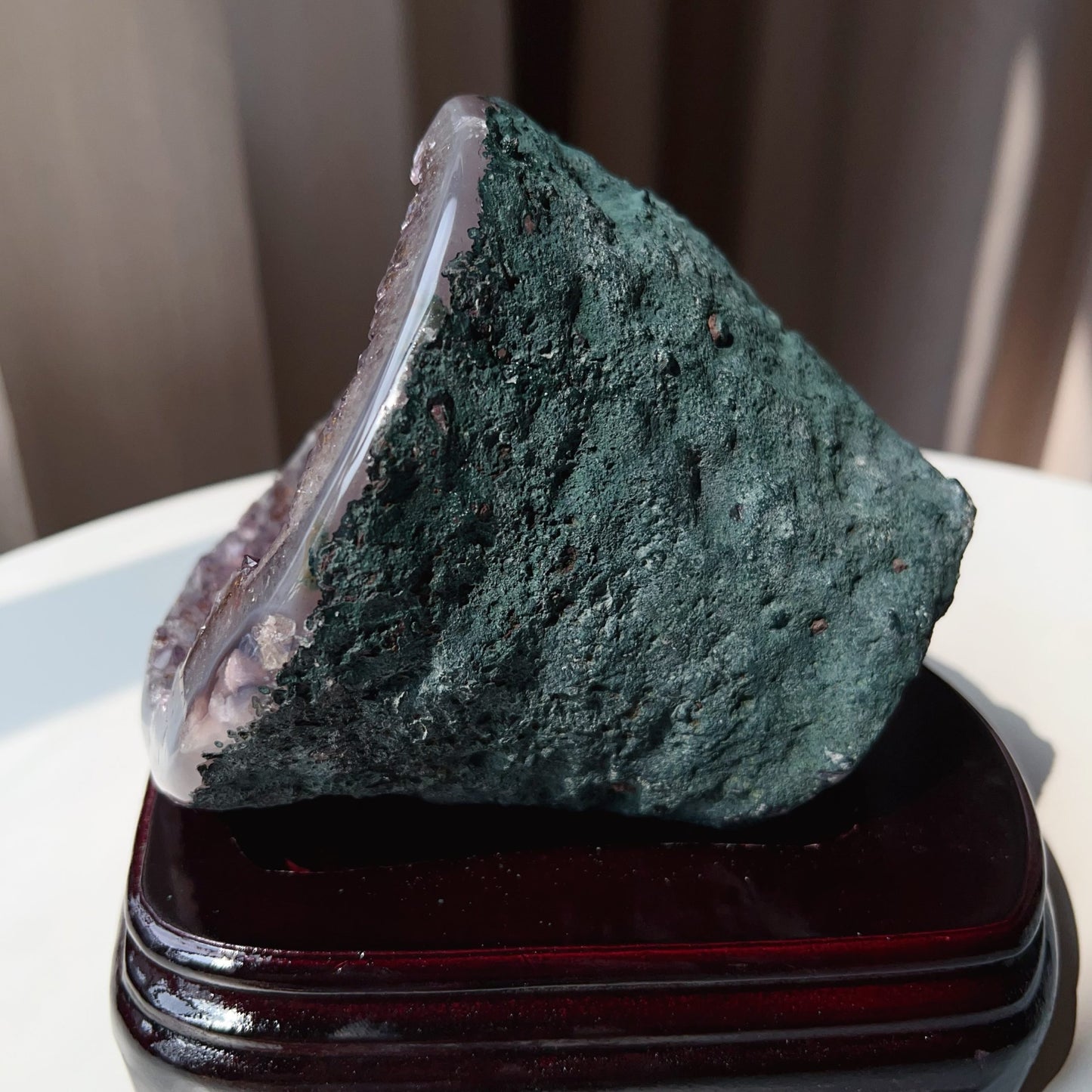 Rare Brazilian Amethyst Rutilated Quartz Geode – 1.75Kg, Includes Wooden Stand, Collectible Gemstone Specimen