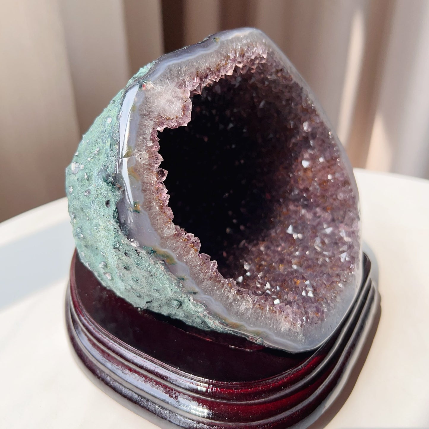 Rare Brazilian Amethyst Rutilated Quartz Geode – 1.75Kg, Includes Wooden Stand, Collectible Gemstone Specimen