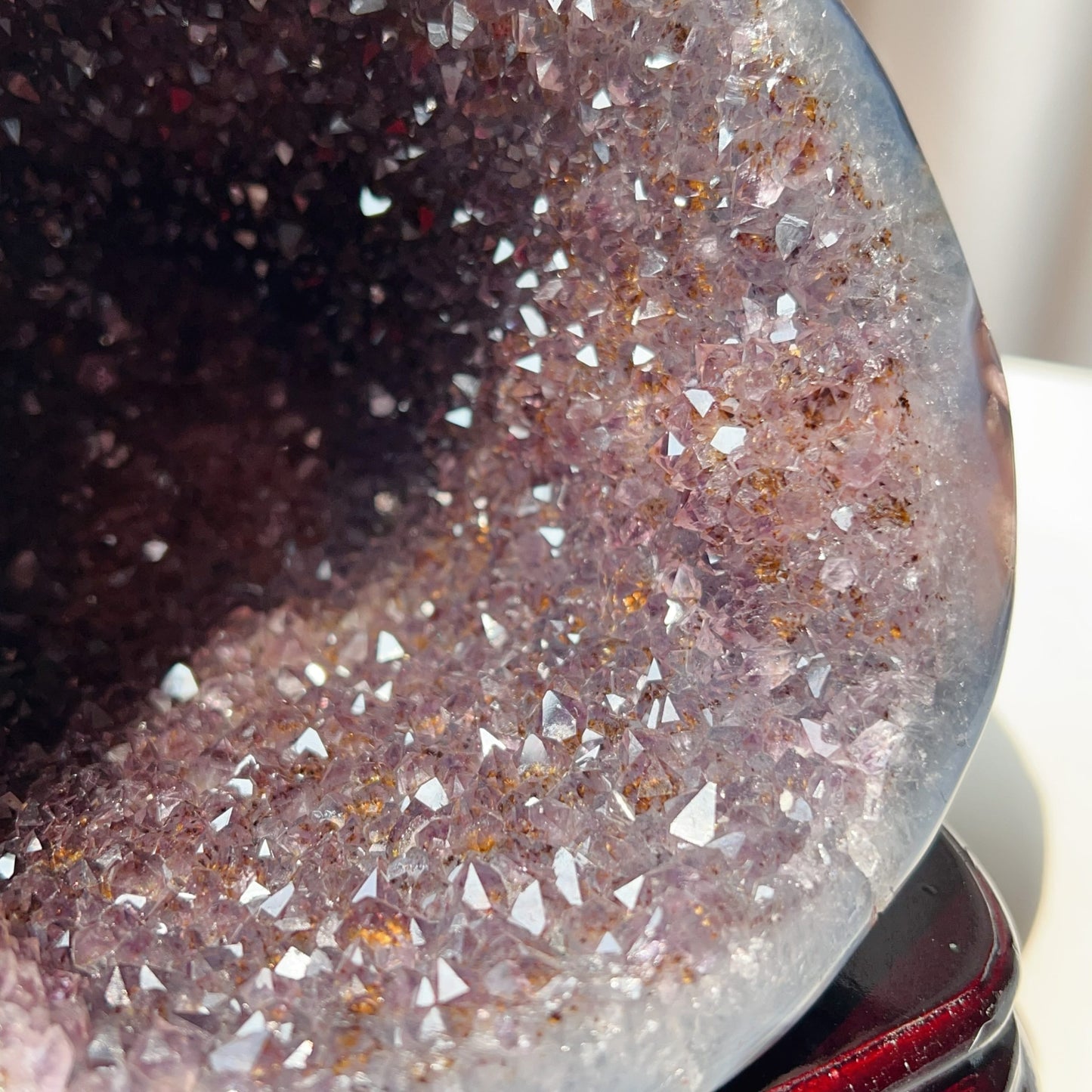 Rare Brazilian Amethyst Rutilated Quartz Geode – 1.75Kg, Includes Wooden Stand, Collectible Gemstone Specimen