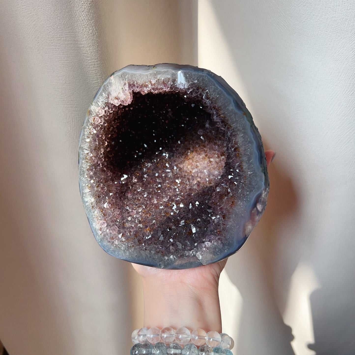 Rare Brazilian Amethyst Rutilated Quartz Geode – 1.75Kg, Includes Wooden Stand, Collectible Gemstone Specimen