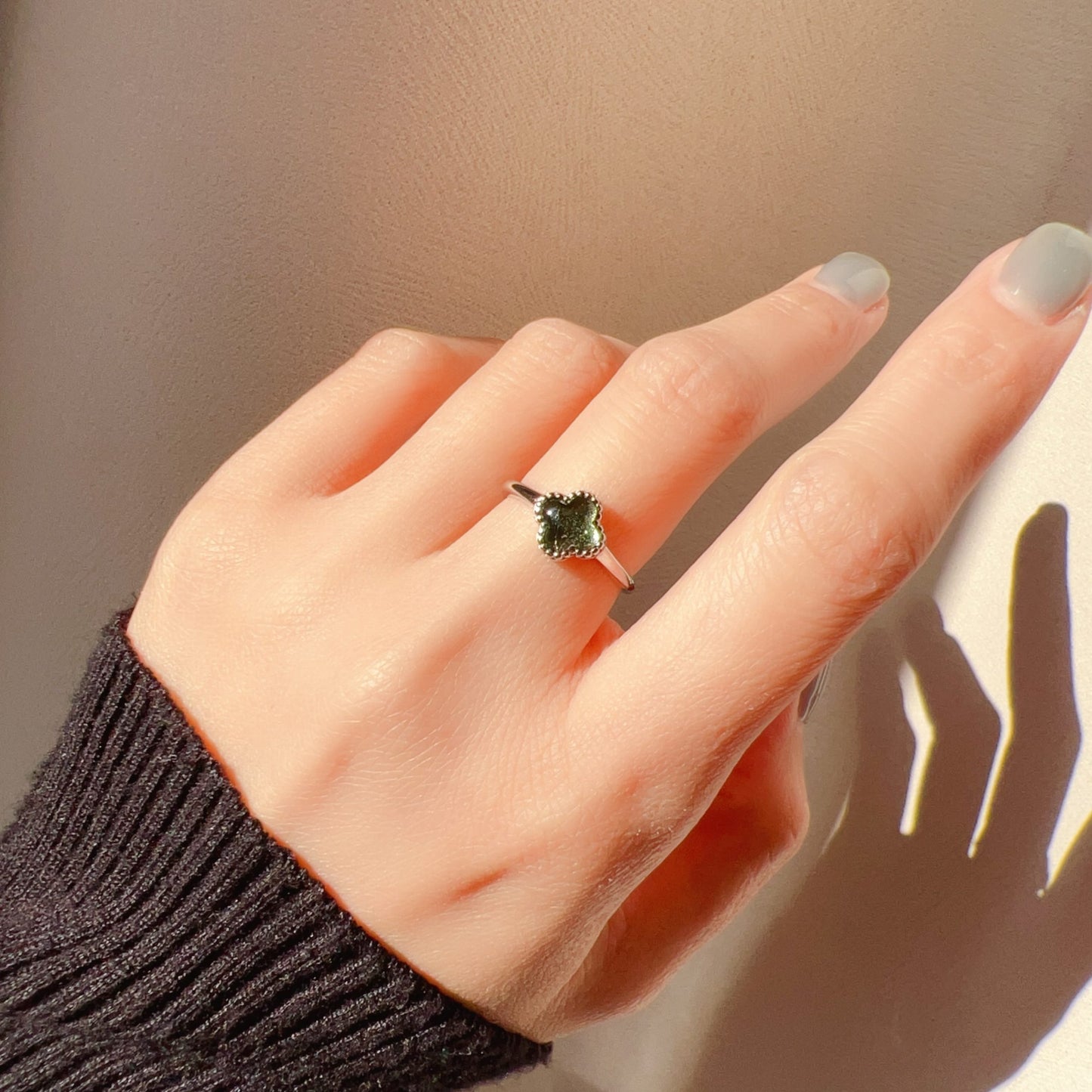 Lucky Charm Moldavite Clover Ring | 925 Sterling Silver Jewelry | Energy Healing Gift