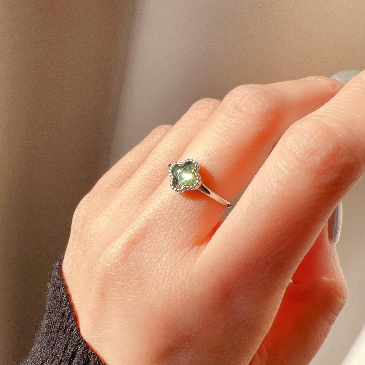 Lucky Charm Moldavite Clover Ring | 925 Sterling Silver Jewelry | Energy Healing Gift