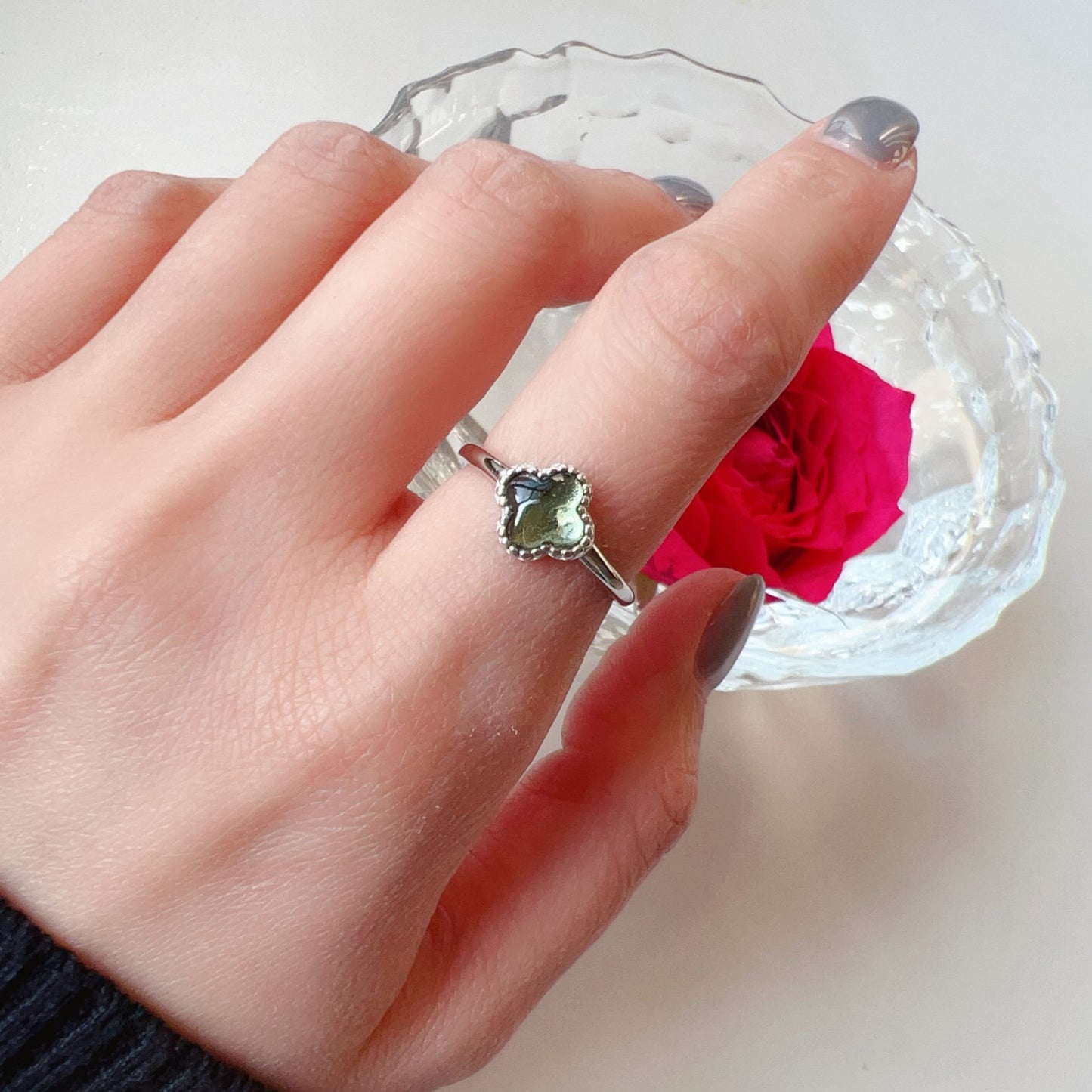 Lucky Charm Moldavite Clover Ring | 925 Sterling Silver Jewelry | Energy Healing Gift