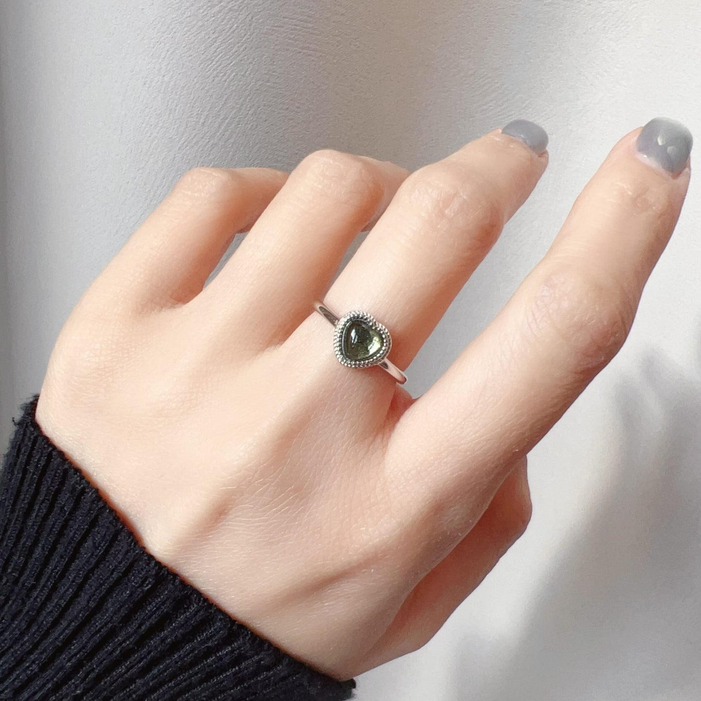 Custom-Made Loving Heart Shape Moldavite Ring With 925 Sterling Silver Adjustable Style