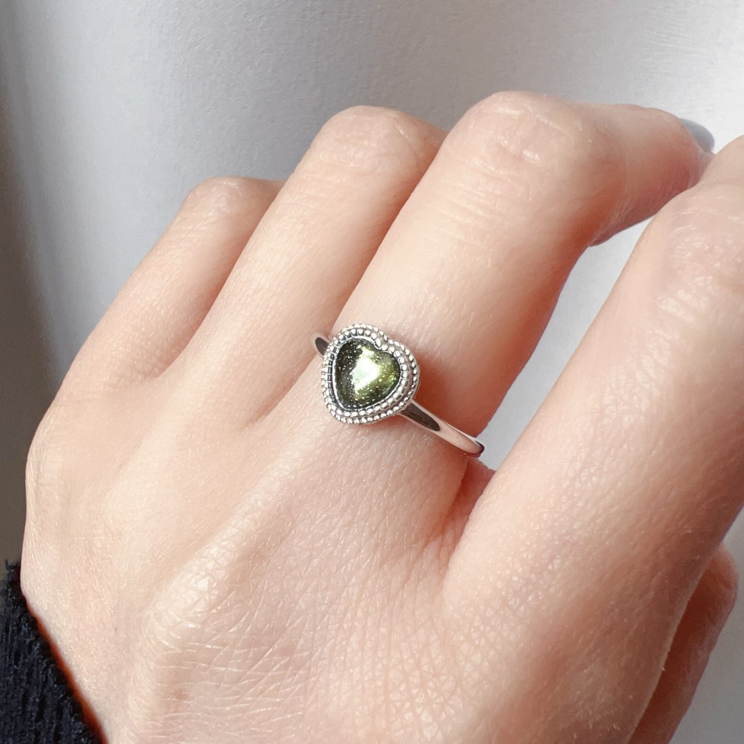 Custom-Made Loving Heart Shape Moldavite Ring With 925 Sterling Silver Adjustable Style
