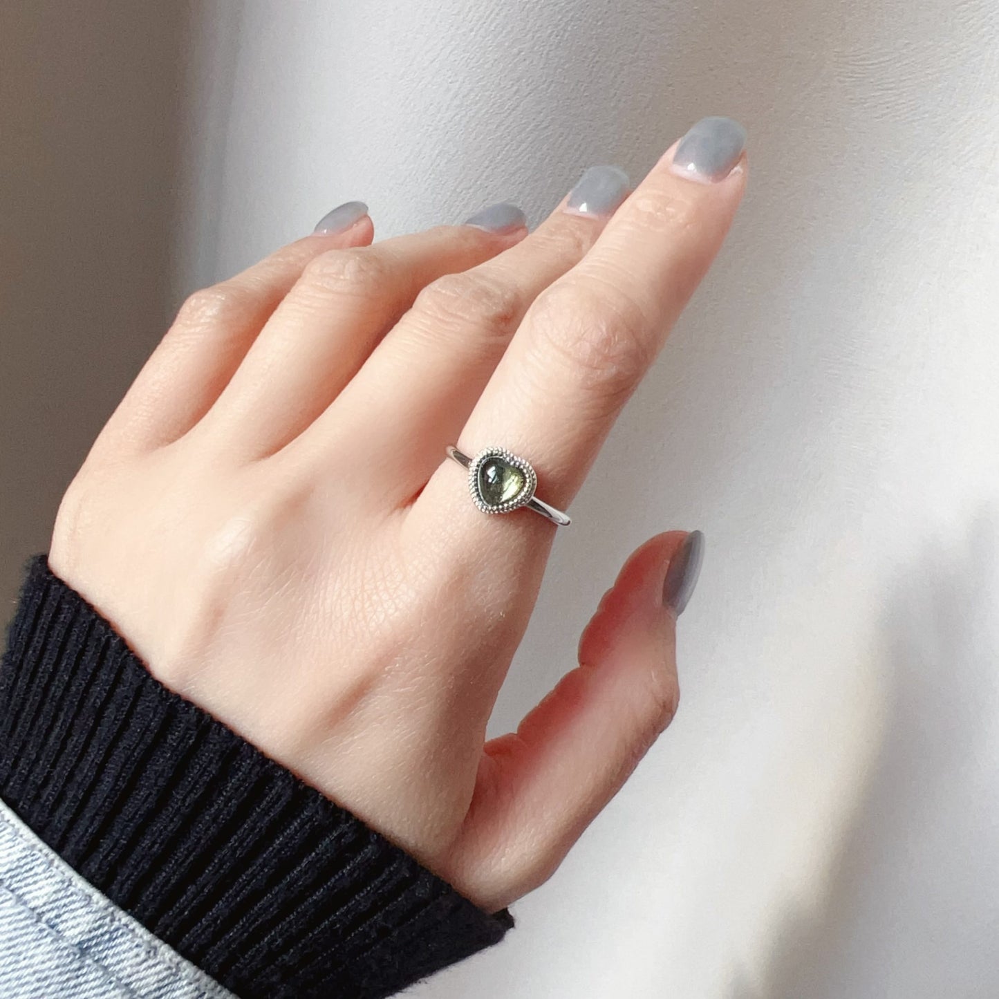 Custom-Made Loving Heart Shape Moldavite Ring With 925 Sterling Silver Adjustable Style