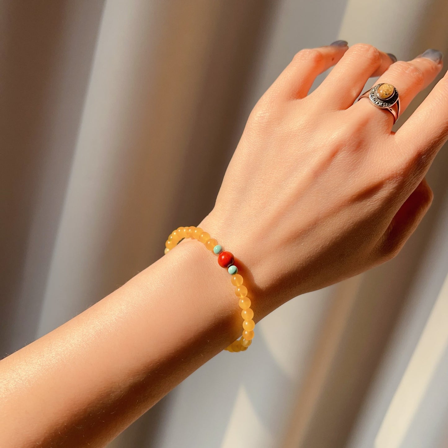 One-Of-A-Kind Amber Bracelet With Turquoise And Nanhong Agate – Handmade Jewelry