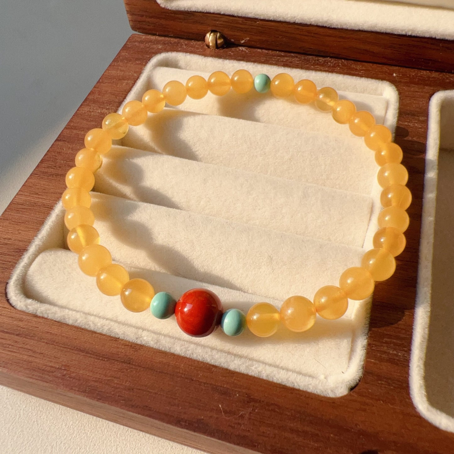 One-Of-A-Kind Amber Bracelet With Turquoise And Nanhong Agate – Handmade Jewelry