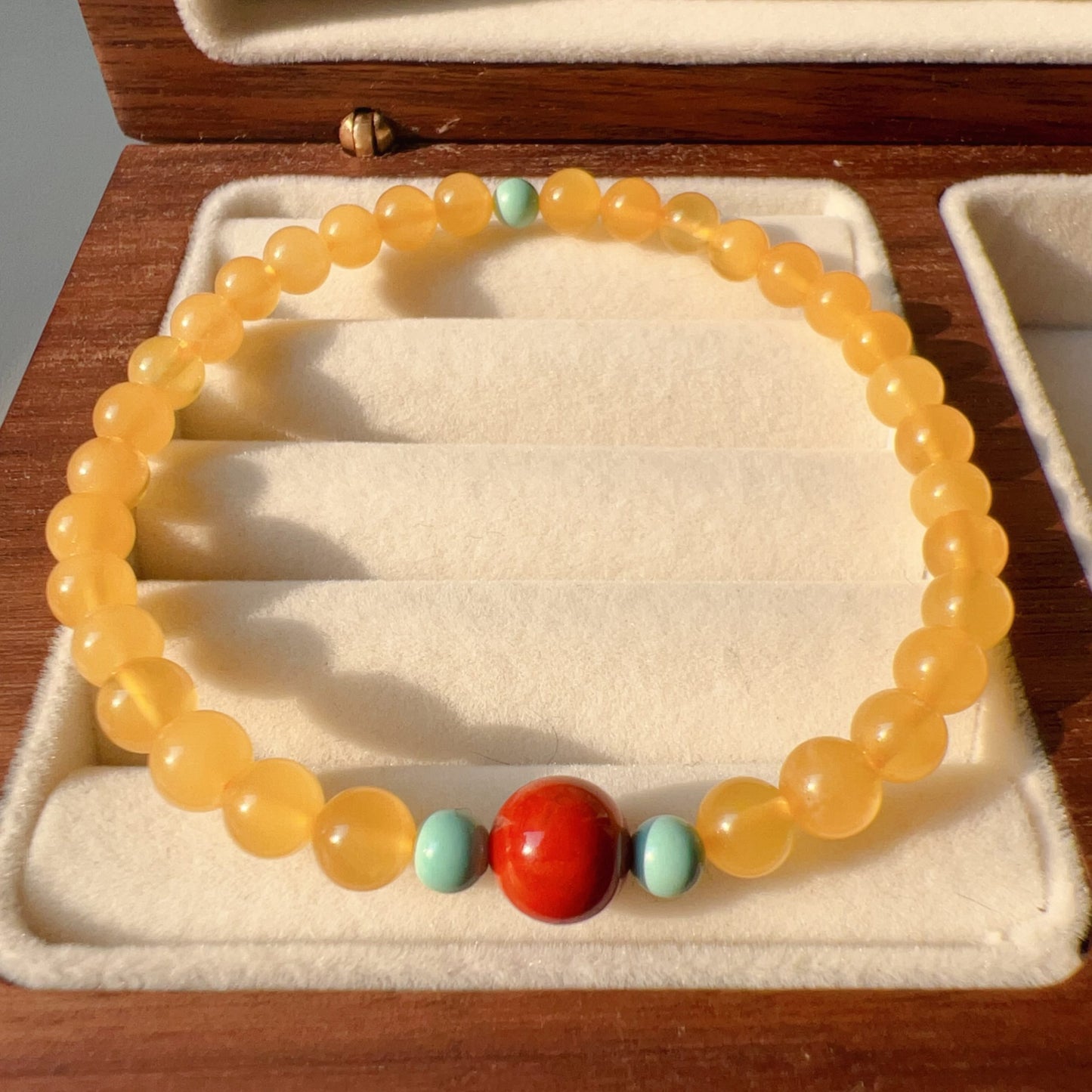 One-Of-A-Kind Amber Bracelet With Turquoise And Nanhong Agate – Handmade Jewelry