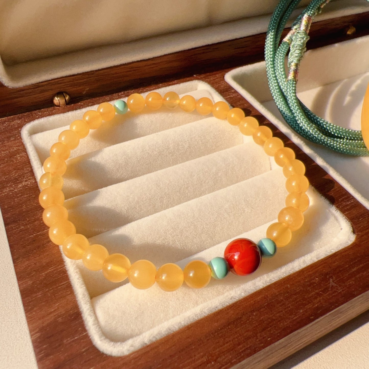 One-Of-A-Kind Amber Bracelet With Turquoise And Nanhong Agate – Handmade Jewelry