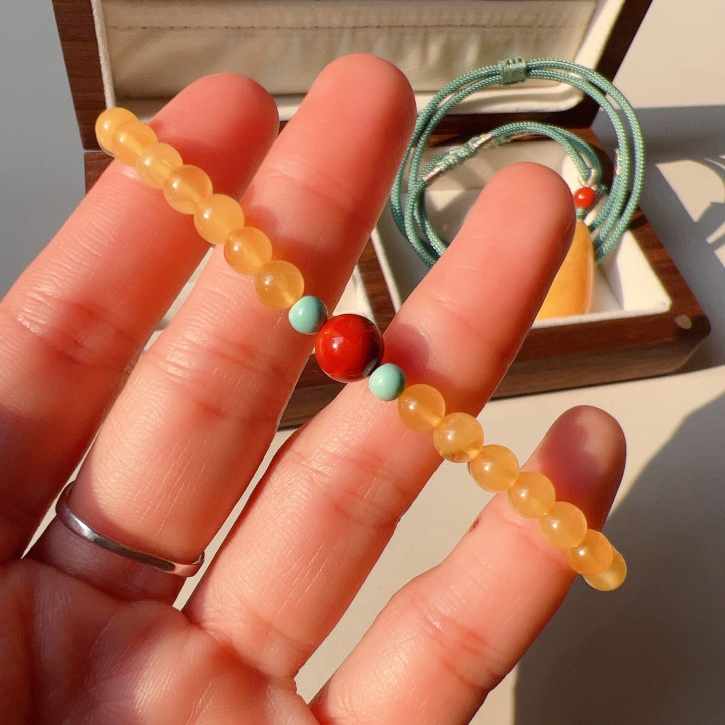 One-Of-A-Kind Amber Bracelet With Turquoise And Nanhong Agate – Handmade Jewelry
