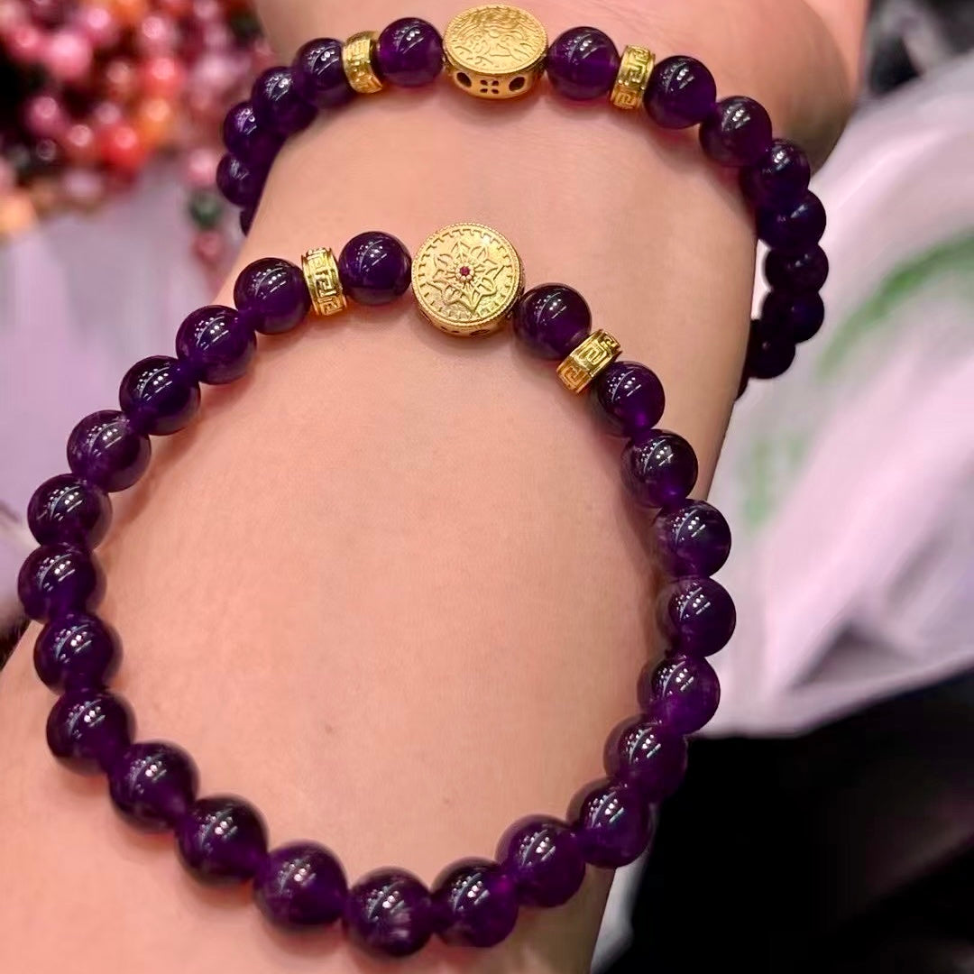 8Mm+ Natural Uruguay Amethyst Bracelet With 18K Gold-Plated Copper Charm – Handmade Healing Jewelry