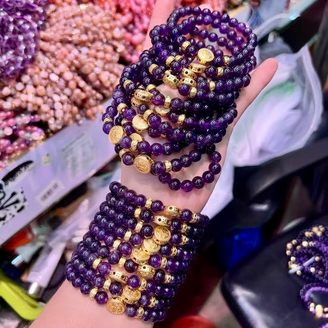 8Mm+ Natural Uruguay Amethyst Bracelet With 18K Gold-Plated Copper Charm – Handmade Healing Jewelry