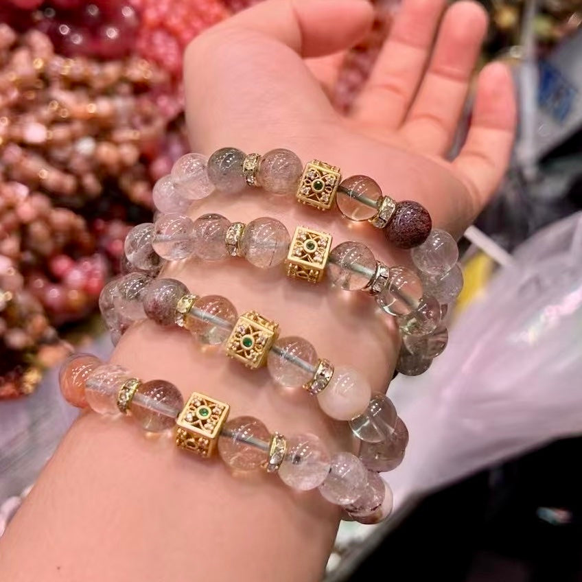 10Mm+ Natural Phantom Quartz Bracelet With 18K Gold-Plated Copper Accents