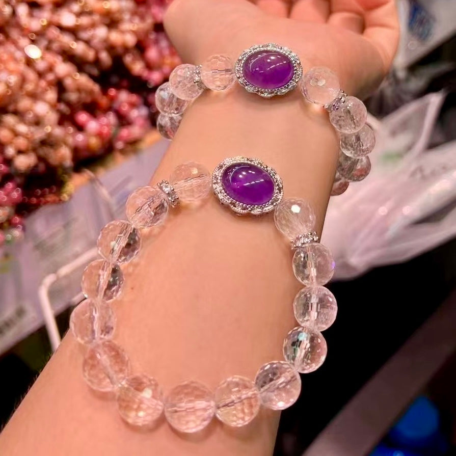 12Mm+ Faceted Clear Quartz Bracelet With Amethyst Pandora Box Charm – Spiritual Healing Jewelry
