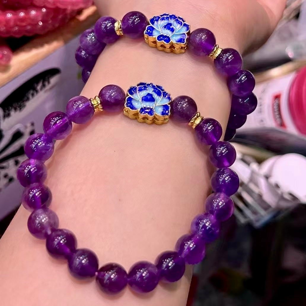 10Mm+ Natural Amethyst Bracelet, Lotus Charm With Enamel Firing – Luxury Healing Stone Jewelry
