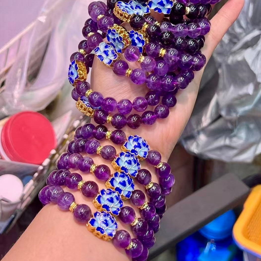 10Mm+ Natural Amethyst Bracelet, Lotus Charm With Enamel Firing – Luxury Healing Stone Jewelry