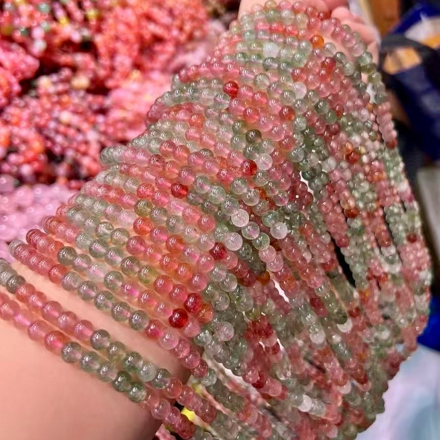 6.5Mm+ Red And Green Strawberry Quartz 3-Wrap Bracelet – Emotional Healing And Love Energy Jewelry