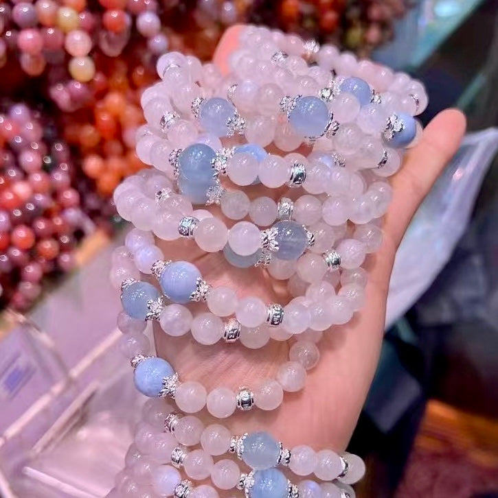 8Mm+ Natural White Moonstone And 10Mm Aquamarine Bracelet For Emotional Balance And Spiritual Growth