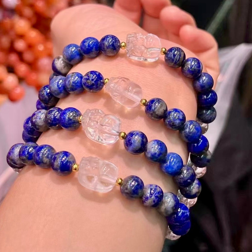 8Mm+ Natural Lapis Lazuli Bracelet With Clear Quartz Pixiu For Protection And Spiritual Growth