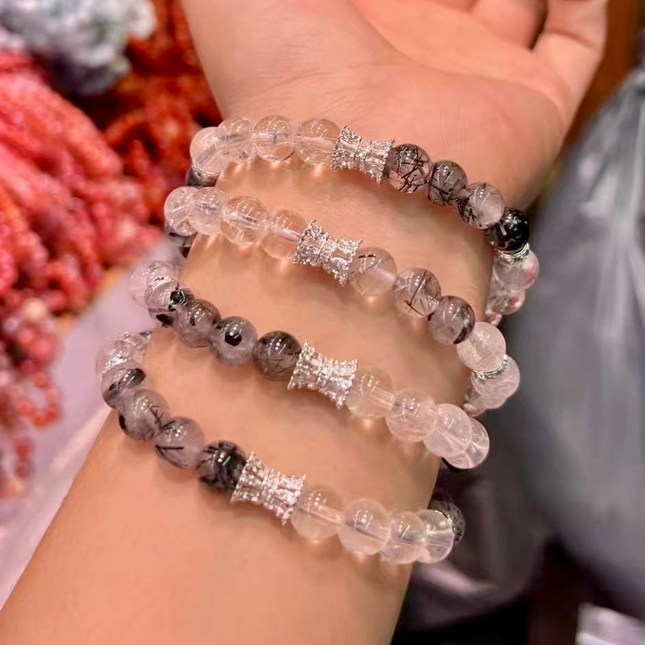 8Mm+ Natural Clear Quartz Black Tourmalated Quartz Bracelet – Crystal Jewelry For Protection And Balance