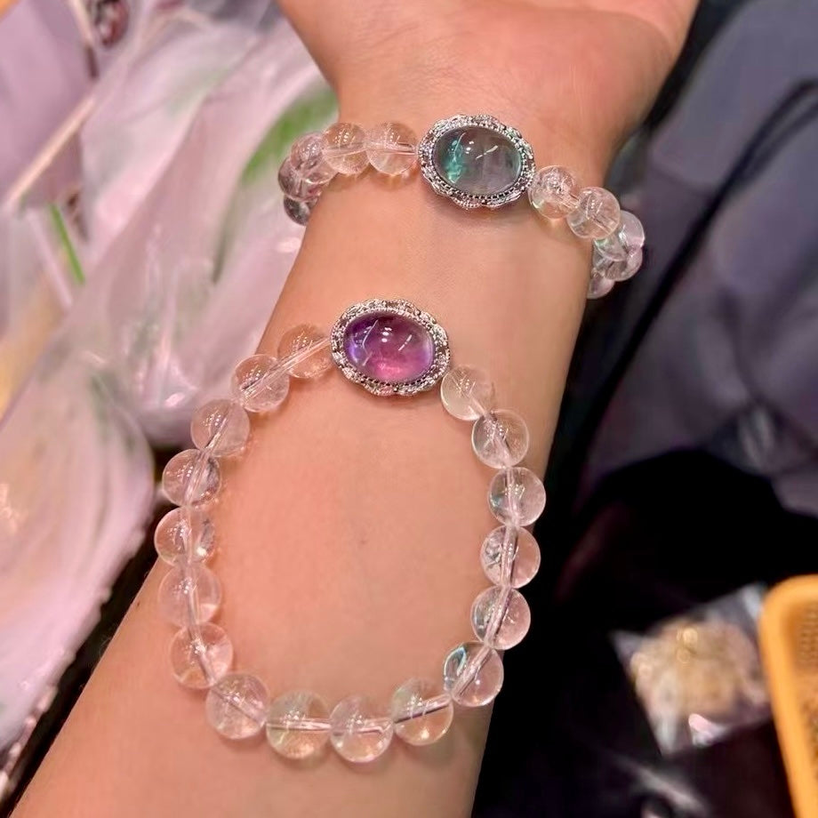 10Mm+ Clear Quartz Bracelet With Fluorite Pandora Box Charm For Mental Clarity And Balance