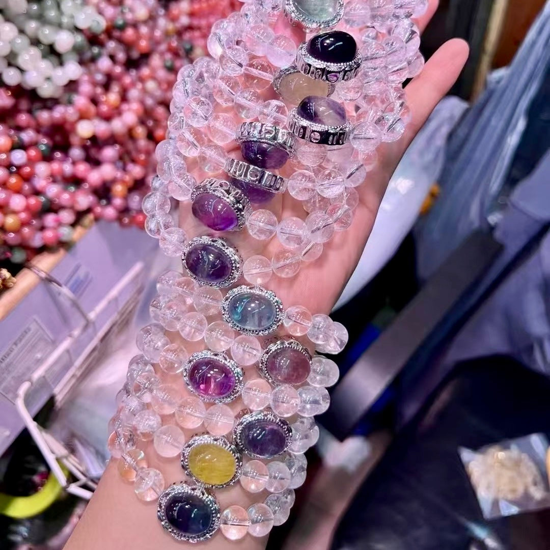 10Mm+ Clear Quartz Bracelet With Fluorite Pandora Box Charm For Mental Clarity And Balance