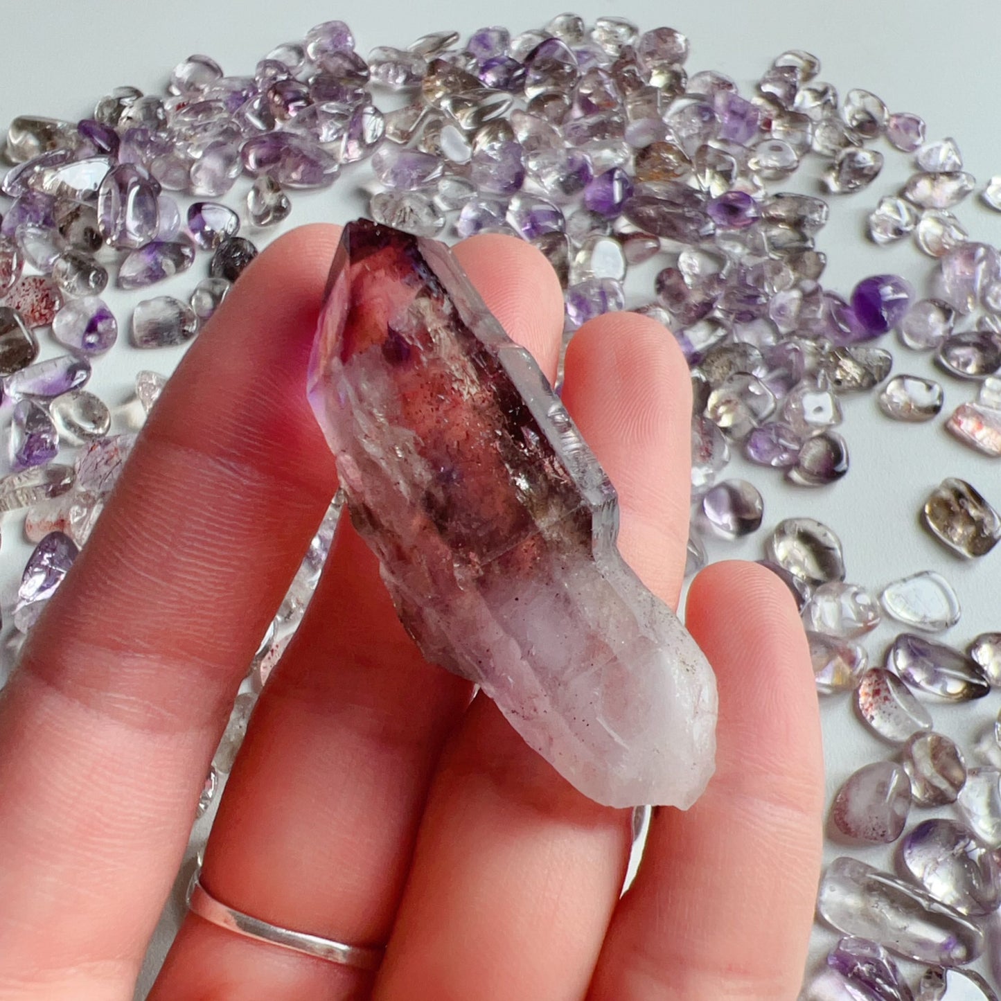 Genuine Super Seven Crystal Rough Stone 17.3G | Rare Perfect Scepter Shape | Healing Pocket Stone With Amethyst, Clear Quartz, Smoky Quartz, Cacoxenite, Rutile, Goethite, And Lepidocrocite