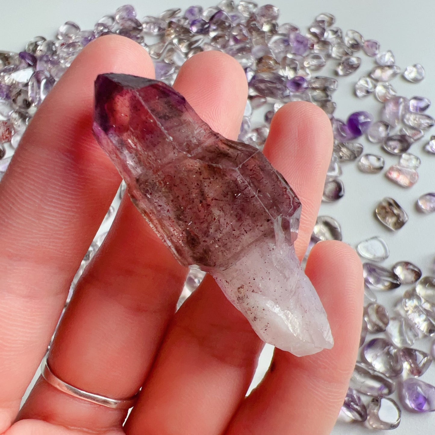 Genuine Super Seven Crystal Rough Stone 17.3G | Rare Perfect Scepter Shape | Healing Pocket Stone With Amethyst, Clear Quartz, Smoky Quartz, Cacoxenite, Rutile, Goethite, And Lepidocrocite
