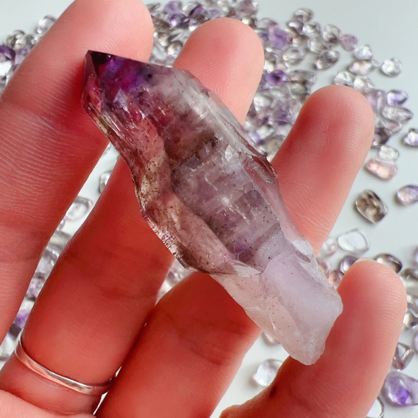Genuine Super Seven Crystal Rough Stone 17.3G | Rare Perfect Scepter Shape | Healing Pocket Stone With Amethyst, Clear Quartz, Smoky Quartz, Cacoxenite, Rutile, Goethite, And Lepidocrocite