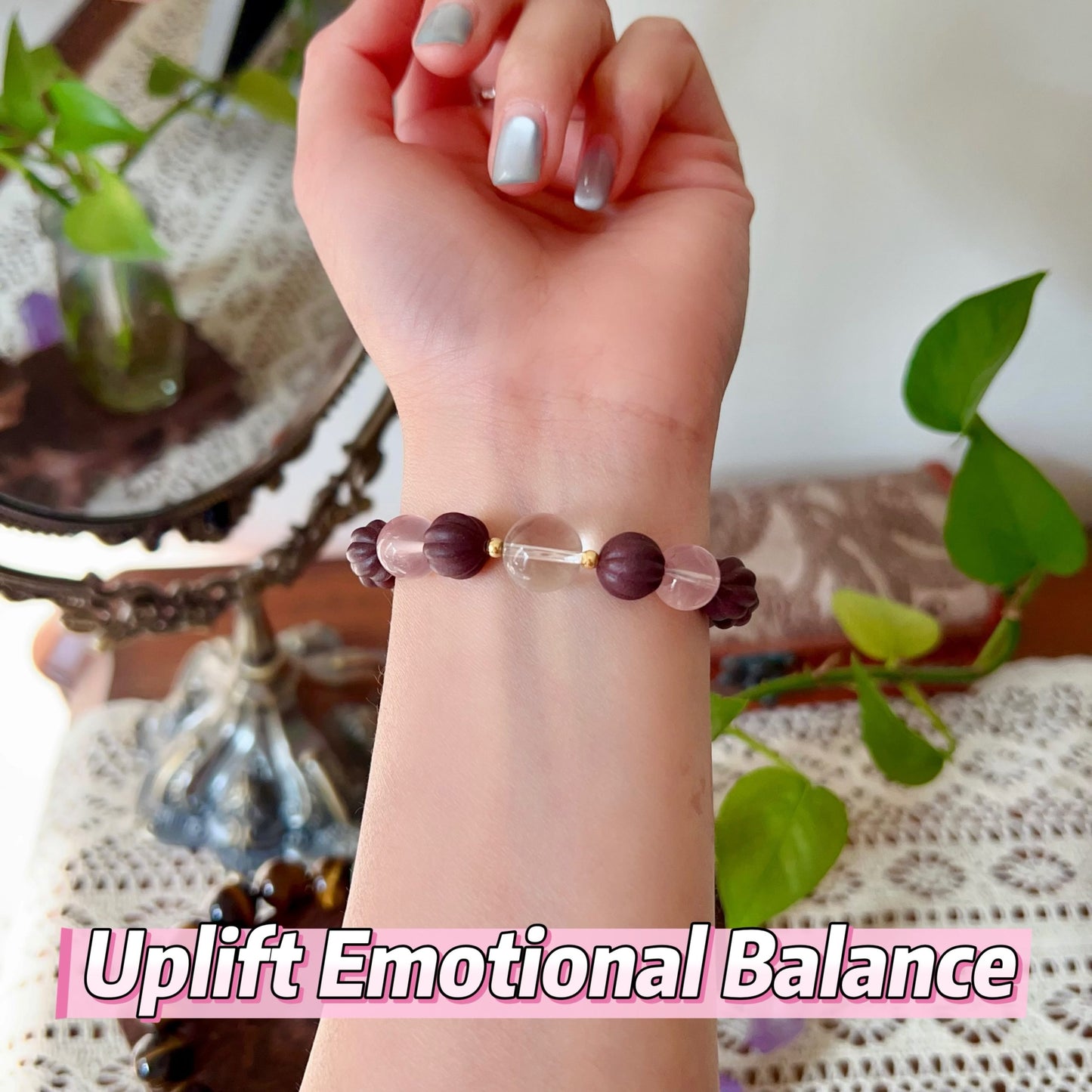 Rose Aroma Stress Relief Healing Bracelet With Clear Quartz, Rose Quartz For Liver Detox And Emotional Balance