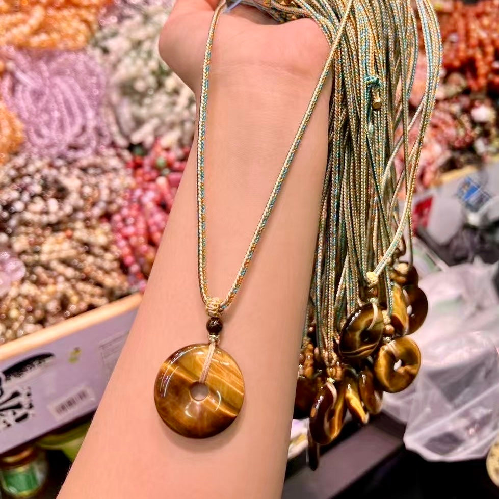 Natural Brown Tiger Eye Donut Pendant Necklace – Healing Stone Jewelry With Adjustable Rope