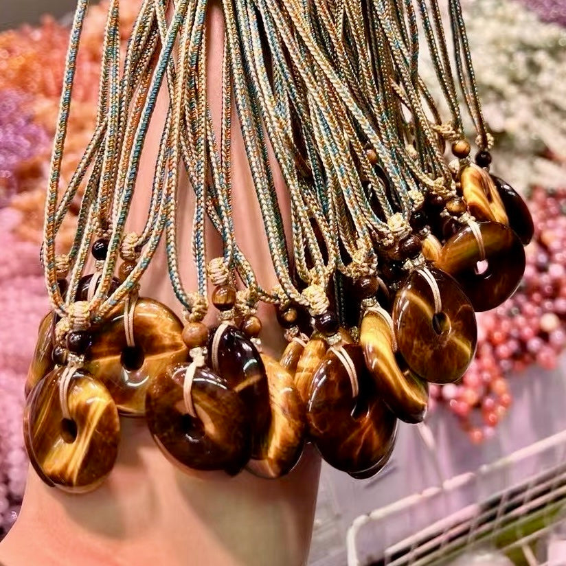 Natural Brown Tiger Eye Donut Pendant Necklace – Healing Stone Jewelry With Adjustable Rope
