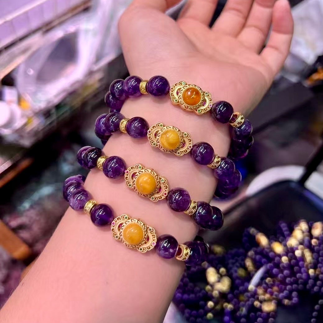 8Mm+ Natural Uruguay Amethyst Bracelet With Amber, 18K Gold-Plated Copper