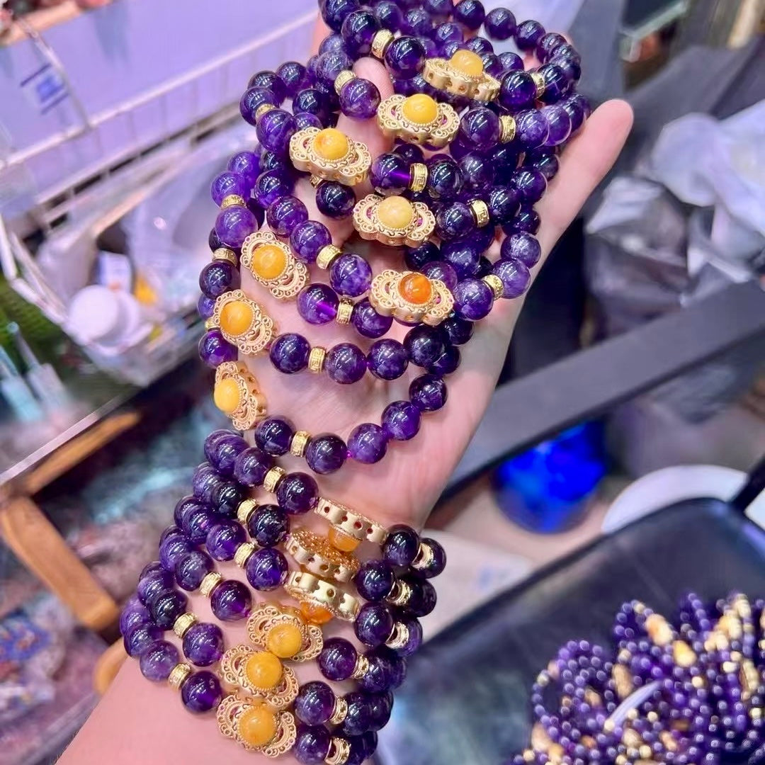 8Mm+ Natural Uruguay Amethyst Bracelet With Amber, 18K Gold-Plated Copper