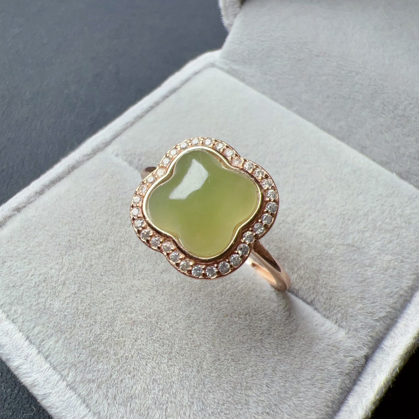 Genuine Nephrite Jade Ring | Handmade Lucky Four Leaf Clover Design In 18K Rose Gold Plated 925 Sterling Silver