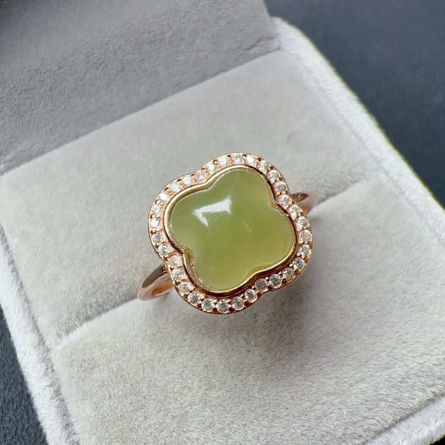 Genuine Nephrite Jade Ring | Handmade Lucky Four Leaf Clover Design In 18K Rose Gold Plated 925 Sterling Silver